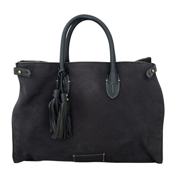 Ralph Lauren Black Leather Handle Tassel Charm Large Canvas Tote Bag - Picture 1 of 9